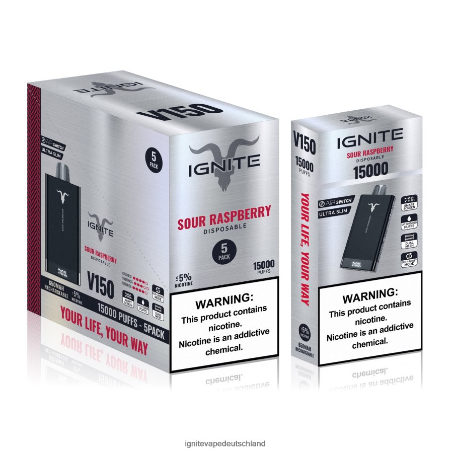 IGNITE V150 Vape Pen 5er-Pack saure Himbeere Z6R8090 Ignite Vape Flavours