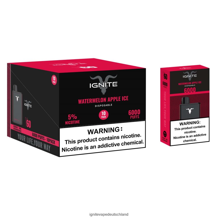 IGNITE V60 Vape Pen 10er-Pack Wassermelonen-Apfel-Eis Z6R8028 Ignite Vape Puffs