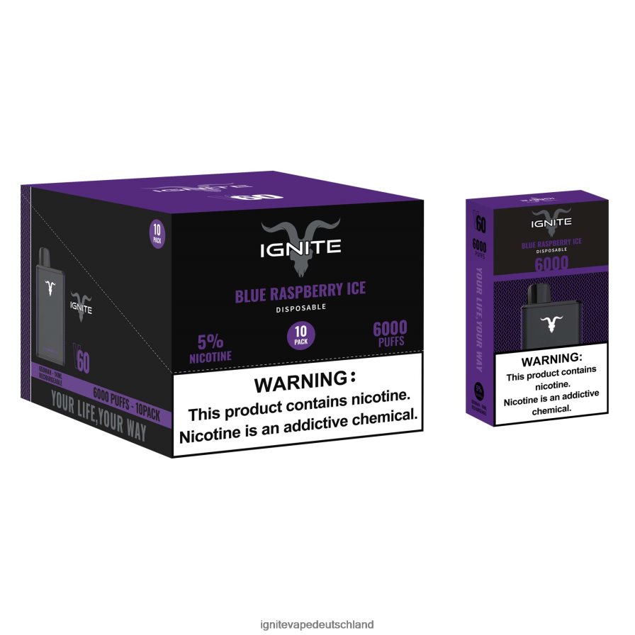 IGNITE V60 Vape Pen 10er-Pack blaues Himbeereis Z6R8015 Ignite Vape For Sale